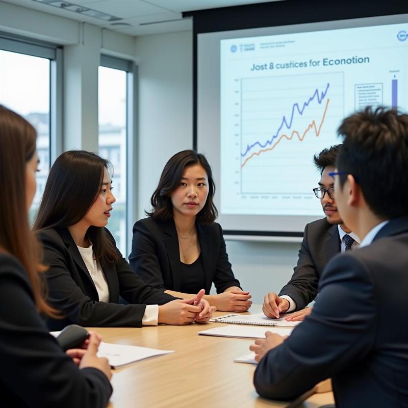 Sinh viên quốc tế thảo luận về các vấn đề kinh tế và kinh doanh trong một lớp học tại Nhật Bản.