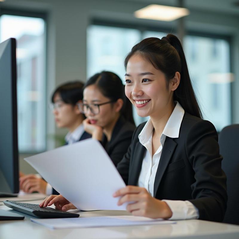 Một du học sinh Việt Nam đã tốt nghiệp tại Nhật Bản đang làm việc tại một công ty quốc tế, thể hiện sự thành công trong sự nghiệp.