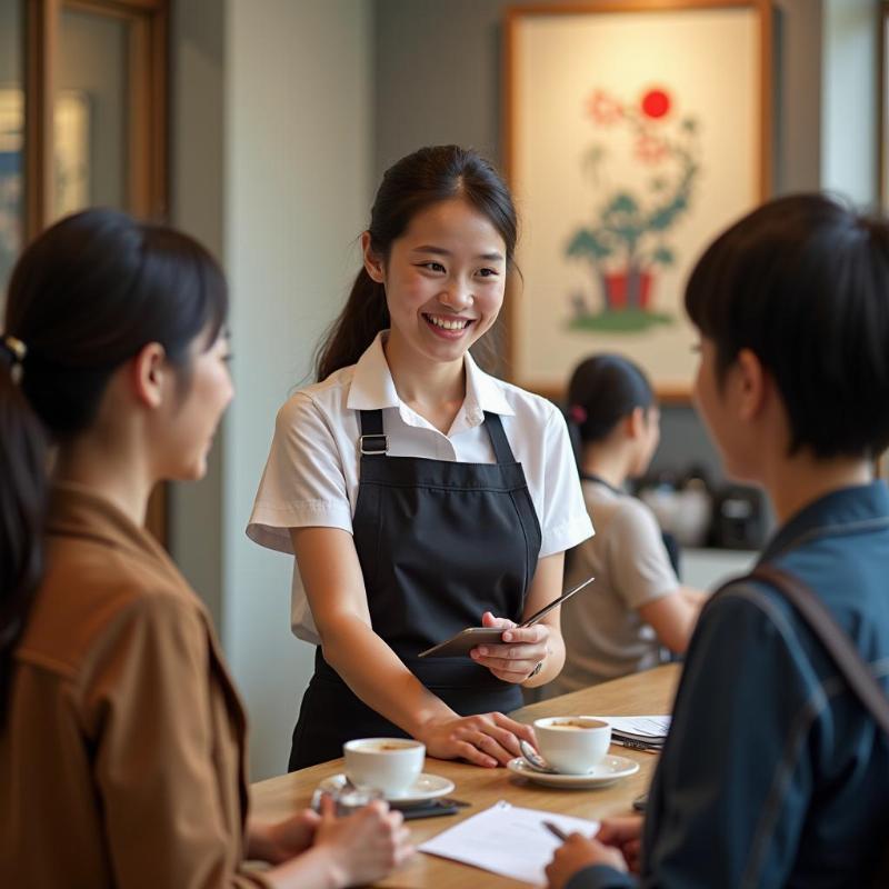 Sinh viên quốc tế làm việc trong ngành khách sạn hoặc du lịch tại Nhật Bản, phục vụ khách hàng đa quốc gia.