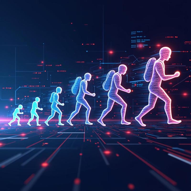 Hình ảnh thể hiện sự biến đổi nhanh chóng của công nghệ thông tin, với các biểu tượng công nghệ mới liên tục xuất hiện