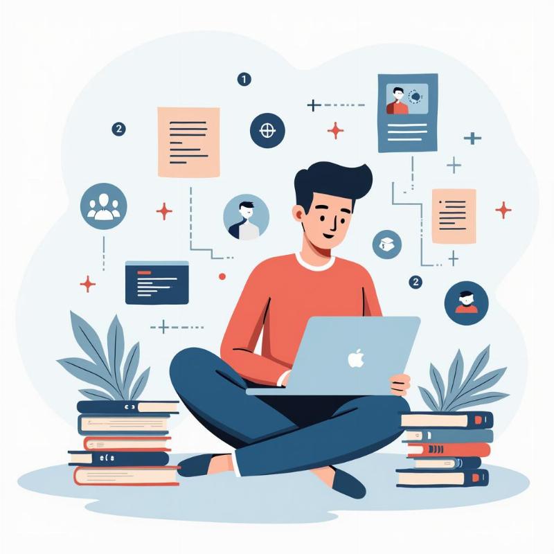 Hình ảnh thể hiện sự cần thiết của việc học hỏi liên tục trong ngành tin học, với người đang đọc sách, tham gia khóa học trực tuyến, và thực hành lập trình