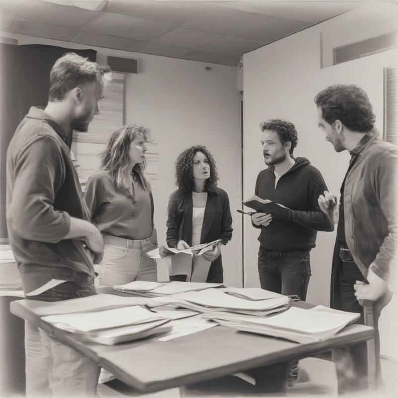 Diễn viên làm việc nhóm, trao đổi kịch bản hoặc thảo luận cảnh quay cùng đạo diễn và bạn diễn trên phim trường hoặc sân khấu