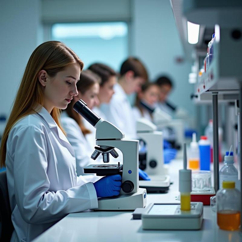 Sinh viên kỹ thuật xét nghiệm y học thực hành trên thiết bị xét nghiệm trong phòng lab