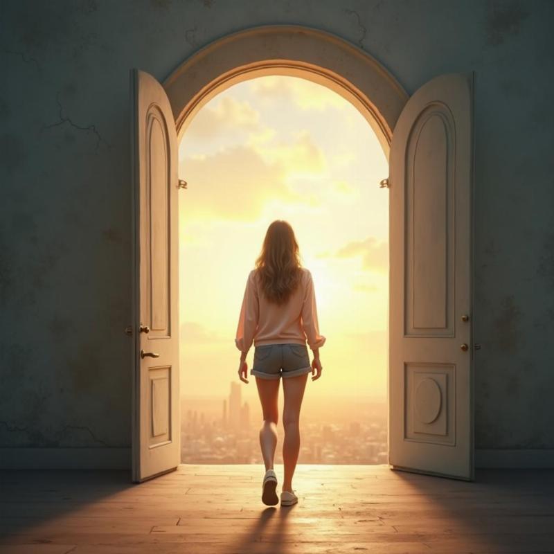 Một hình ảnh ẩn dụ về việc mở cánh cửa cho tương lai, với một nữ sinh đang bước về phía ánh sáng hoặc một con đường rộng mở, tượng trưng cho việc đưa ra quyết định và hướng tới một tương lai nghề nghiệp ổn định