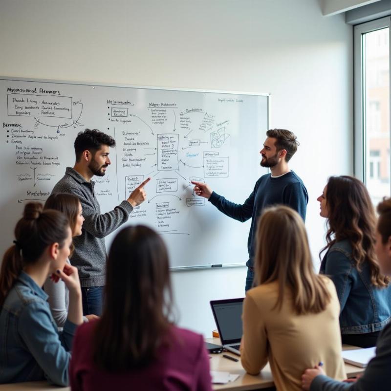 Sinh viên ngành marketing và pr đang thảo luận về kế hoạch tổ chức sự kiện, với bảng trắng chứa sơ đồ tư duy