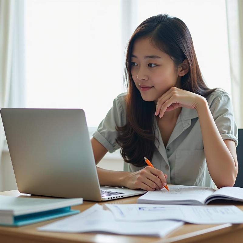 Hình ảnh minh họa quá trình một cô gái trẻ đang tìm hiểu và cân nhắc các lựa chọn nghề nghiệp cho tương lai, thể hiện sự băn khoăn nhưng chủ động trong việc định hướng sự nghiệp ổn định