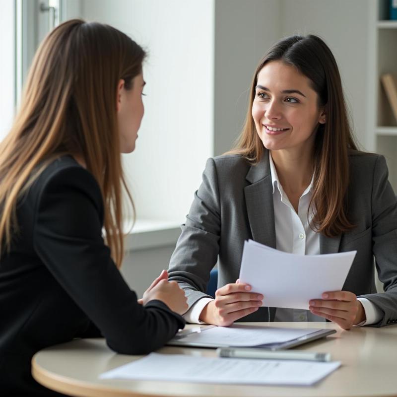 Hình ảnh một người chuyên gia hướng nghiệp đang tư vấn cho một nữ sinh về các lựa chọn nghề nghiệp, thể hiện sự tin cậy và chuyên môn trong việc định hướng tương lai
