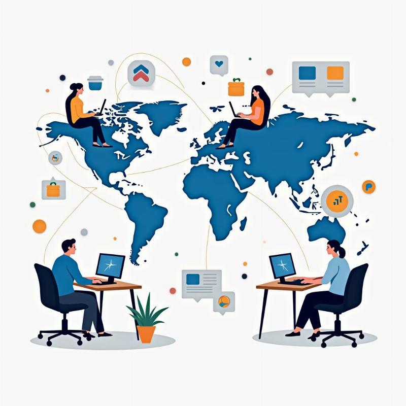 Hình ảnh thể hiện môi trường làm việc linh hoạt và kết nối toàn cầu của ngành tin học, với người làm việc từ nhiều địa điểm khác nhau