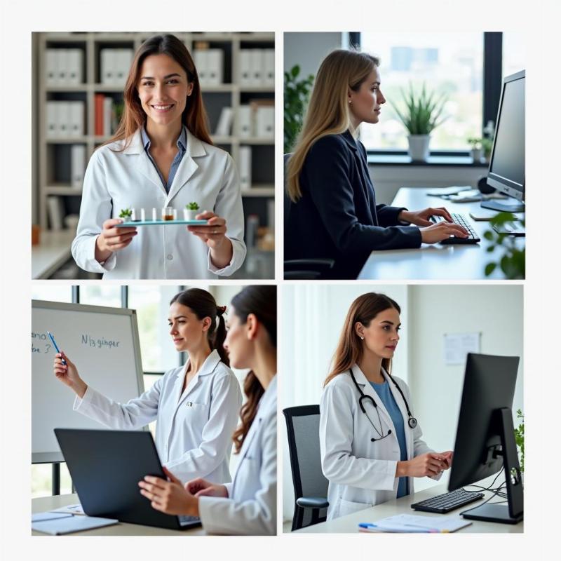 Một nhóm nữ giới đang làm việc trong các môi trường chuyên nghiệp khác nhau, thể hiện sự đa dạng của các ngành nghề phù hợp cho con gái để ổn định (ví dụ: một người trong phòng lab, một người trong văn phòng tài chính, một người giảng dạy, một người làm IT)