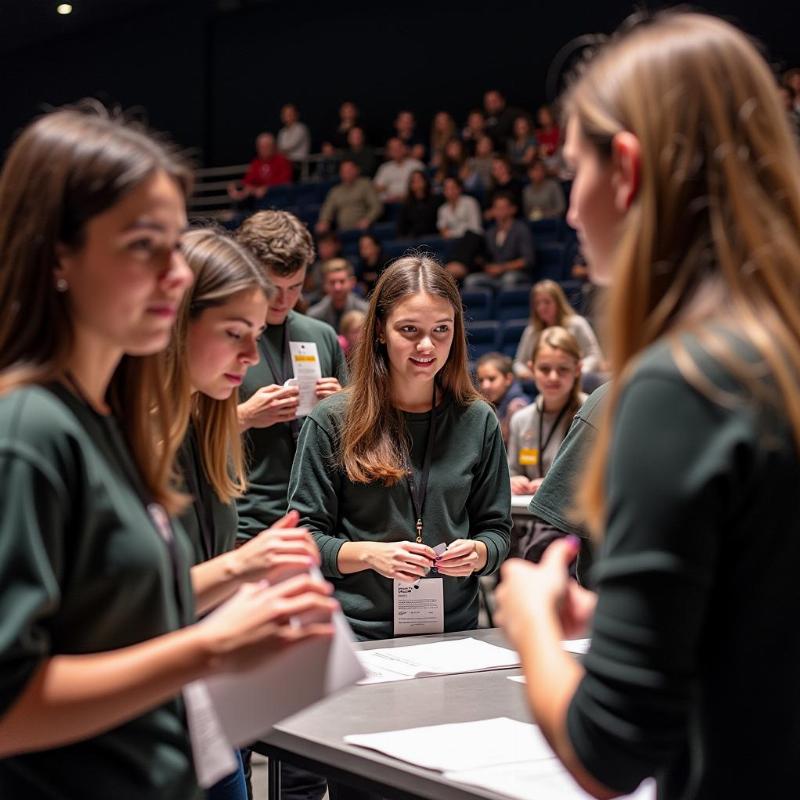 Một nhóm sinh viên đang thực tập tại hậu trường của một sự kiện, hỗ trợ chuẩn bị