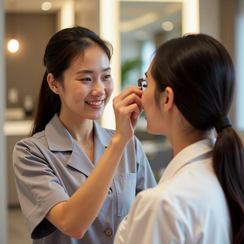 Một chuyên viên phun xăm thẩm mỹ đang tư vấn cho khách hàng về dáng mày phù hợp trước khi thực hiện dịch vụ