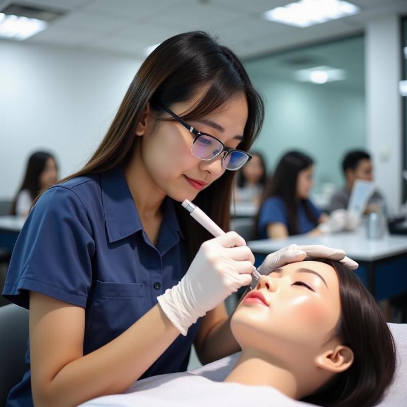 Chuyên viên đang thực hành kỹ thuật phun xăm thẩm mỹ trên mẫu trong một khóa học nghề phun xăm chuyên nghiệp