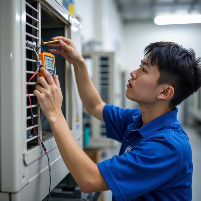 Học viên đang thực hành sửa chữa điều hòa trong khóa học nghề điện lạnh tại trường nghề uy tín